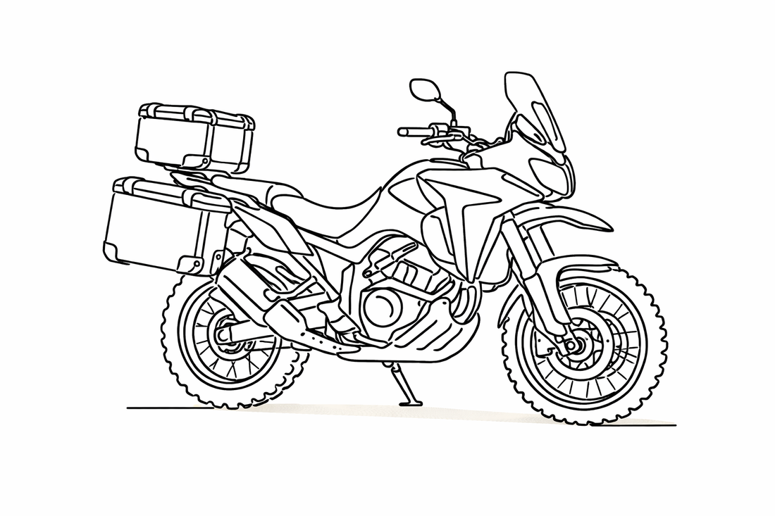 Line drawing of a motorcycle with panniers on a white background