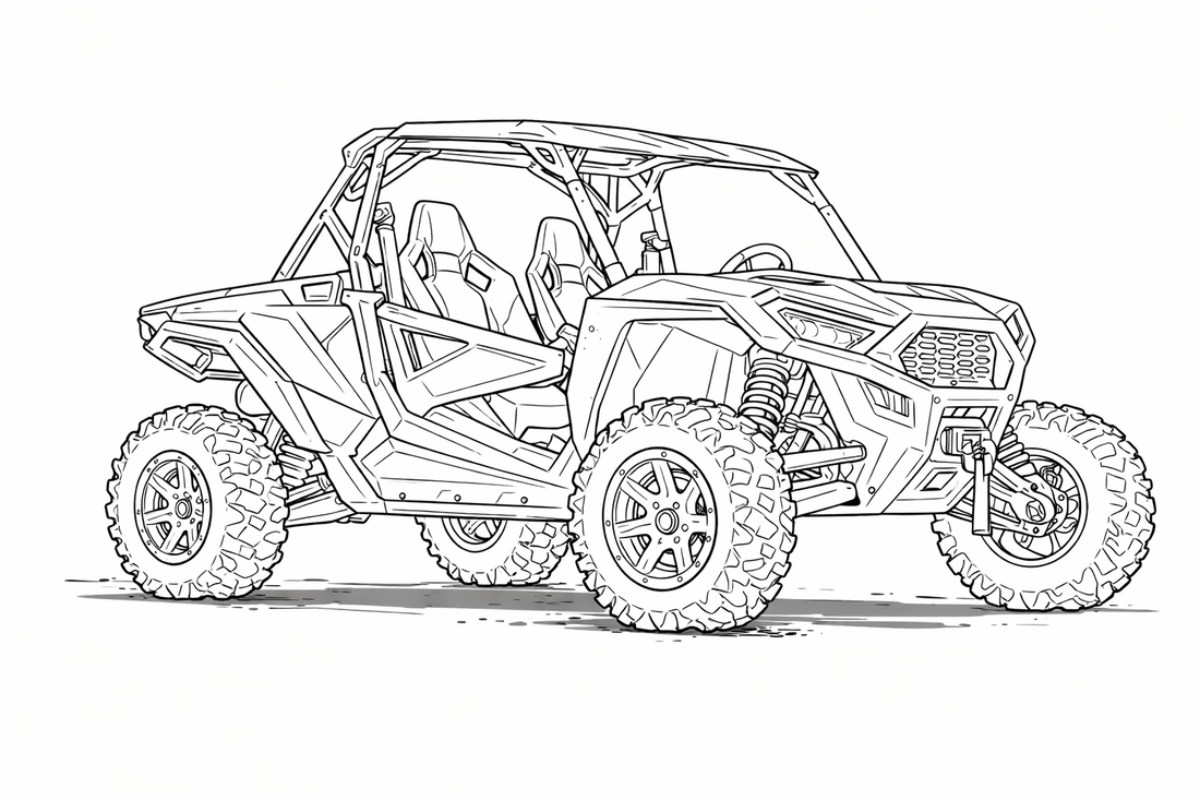 Line drawing of a four-wheeled off-road vehicle on a white background