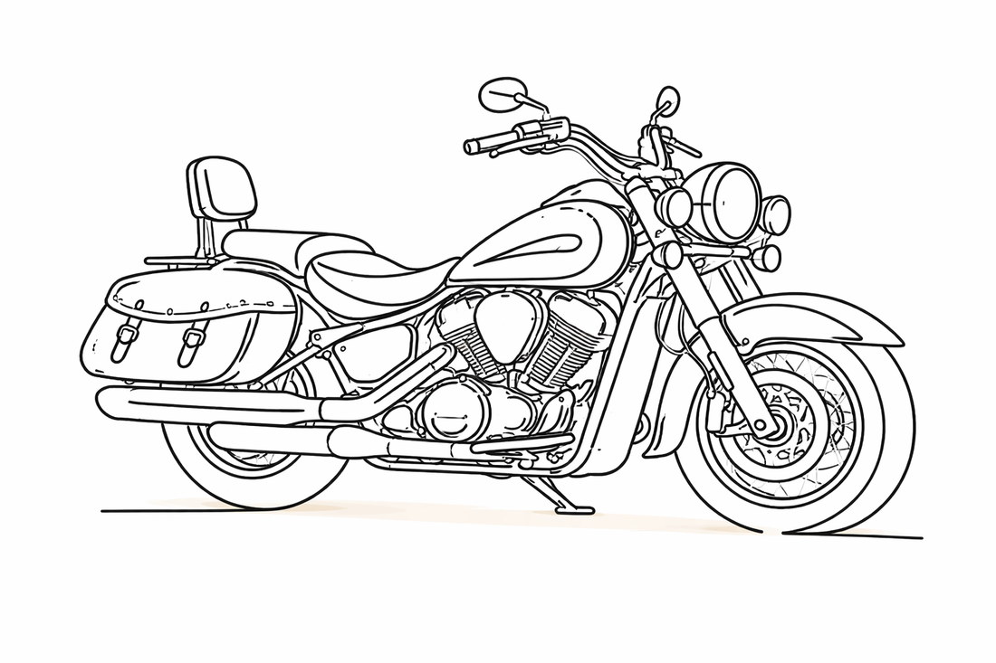 Line drawing of a motorcycle on a white background