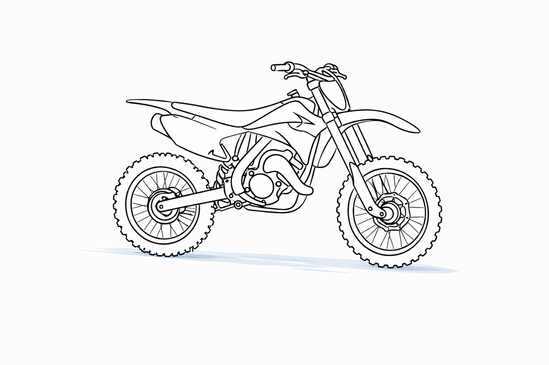 Line drawing of a dirt bike on a white background