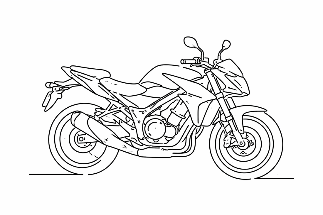 Line drawing of a motorcycle on a white background