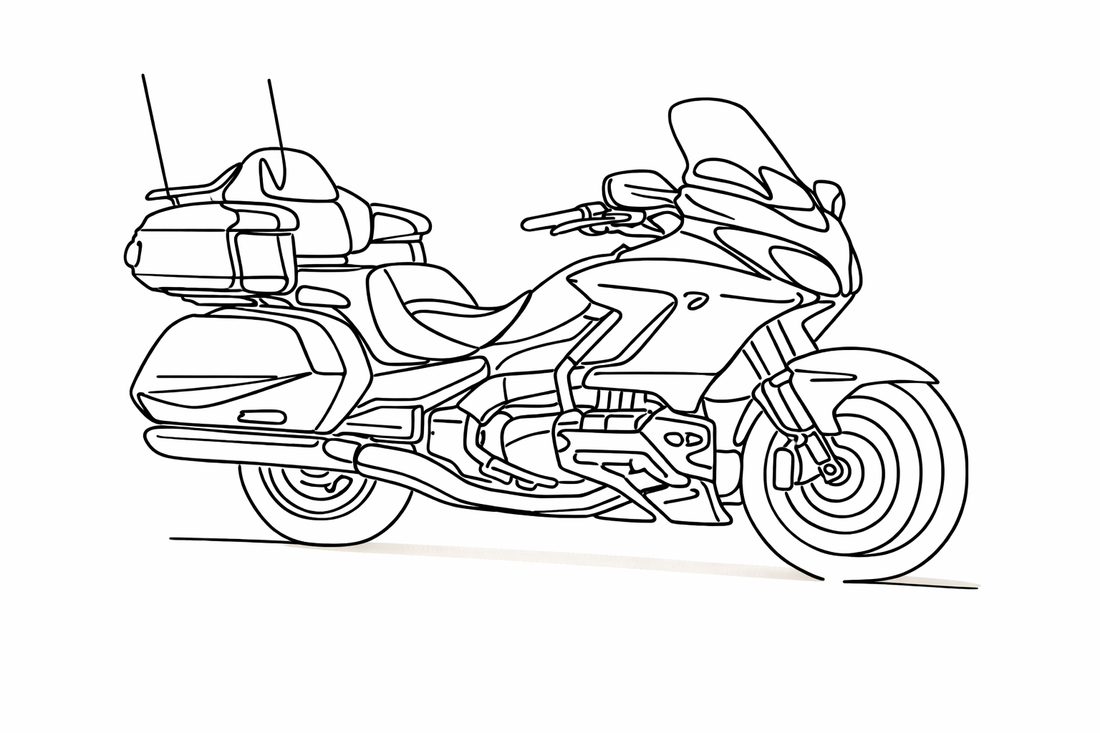 Line drawing of a motorcycle on a white background